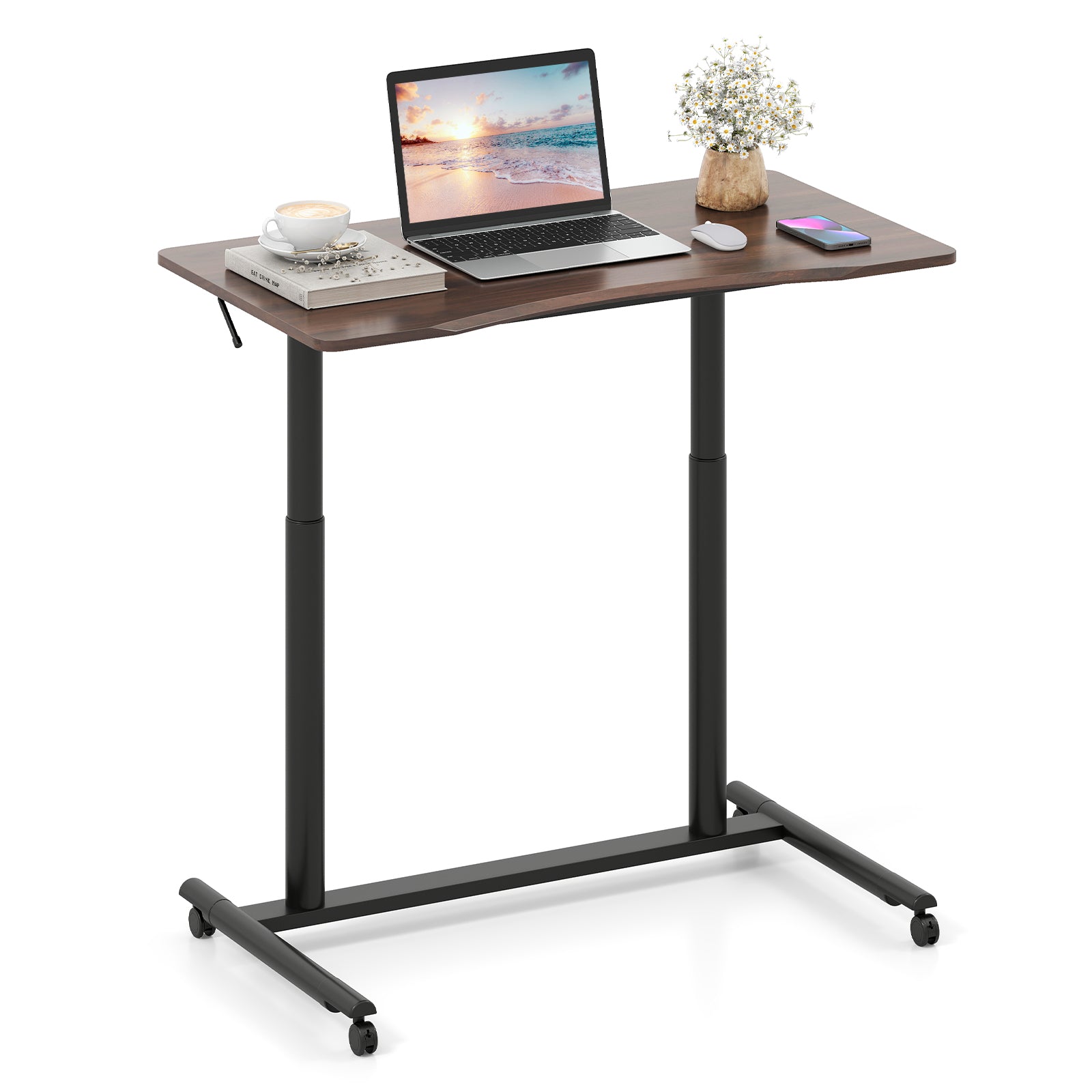 C-Shaped Sit Stand Desk with Adjustable Height and Metal Frame-Rustic Brown
