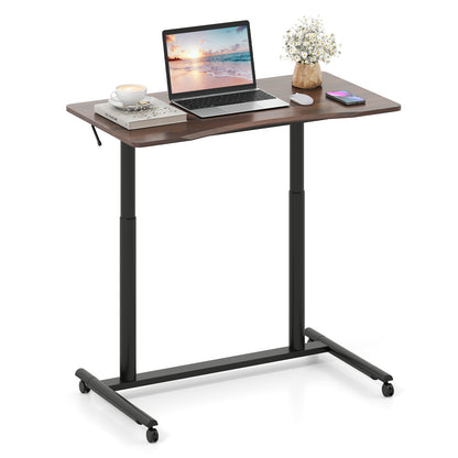 C-Shaped Sit Stand Desk with Adjustable Height and Metal Frame-Rustic Brown