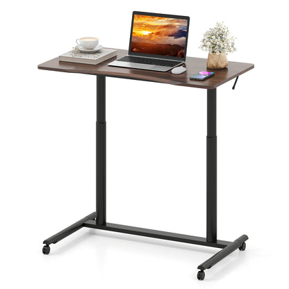 C-Shaped Sit Stand Desk with Adjustable Height and Metal Frame-Rustic Brown