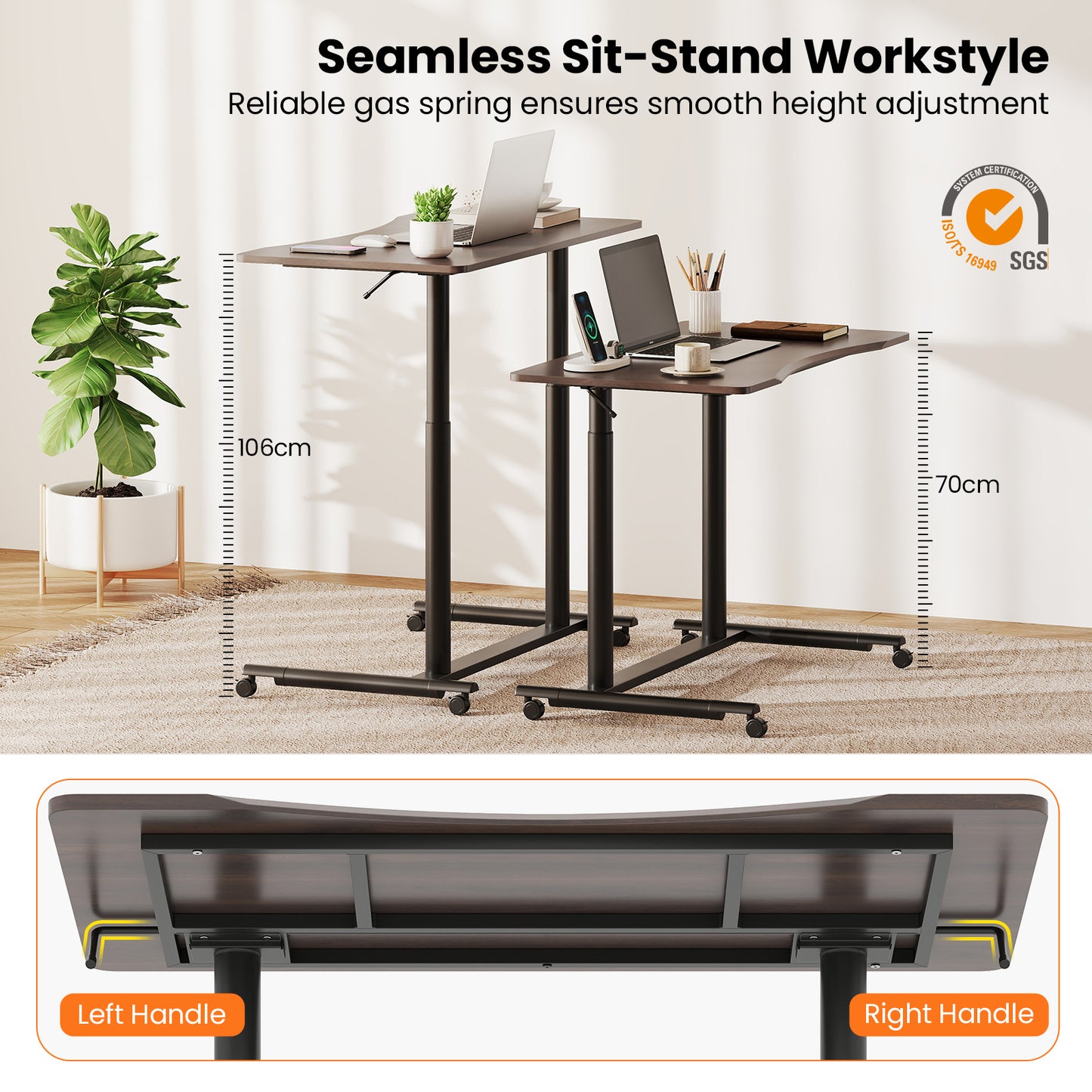 C-Shaped Sit Stand Desk with Adjustable Height and Metal Frame-Rustic Brown