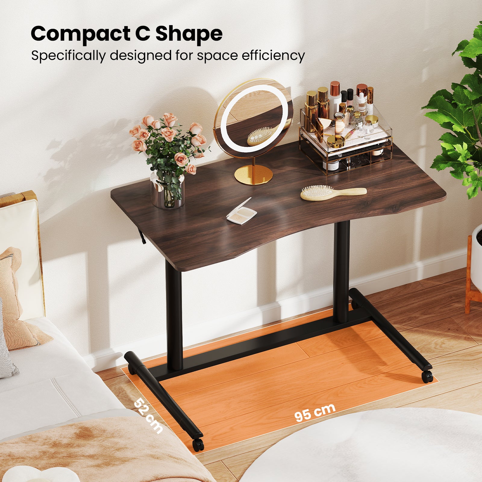 C-Shaped Sit Stand Desk with Adjustable Height and Metal Frame-Rustic Brown