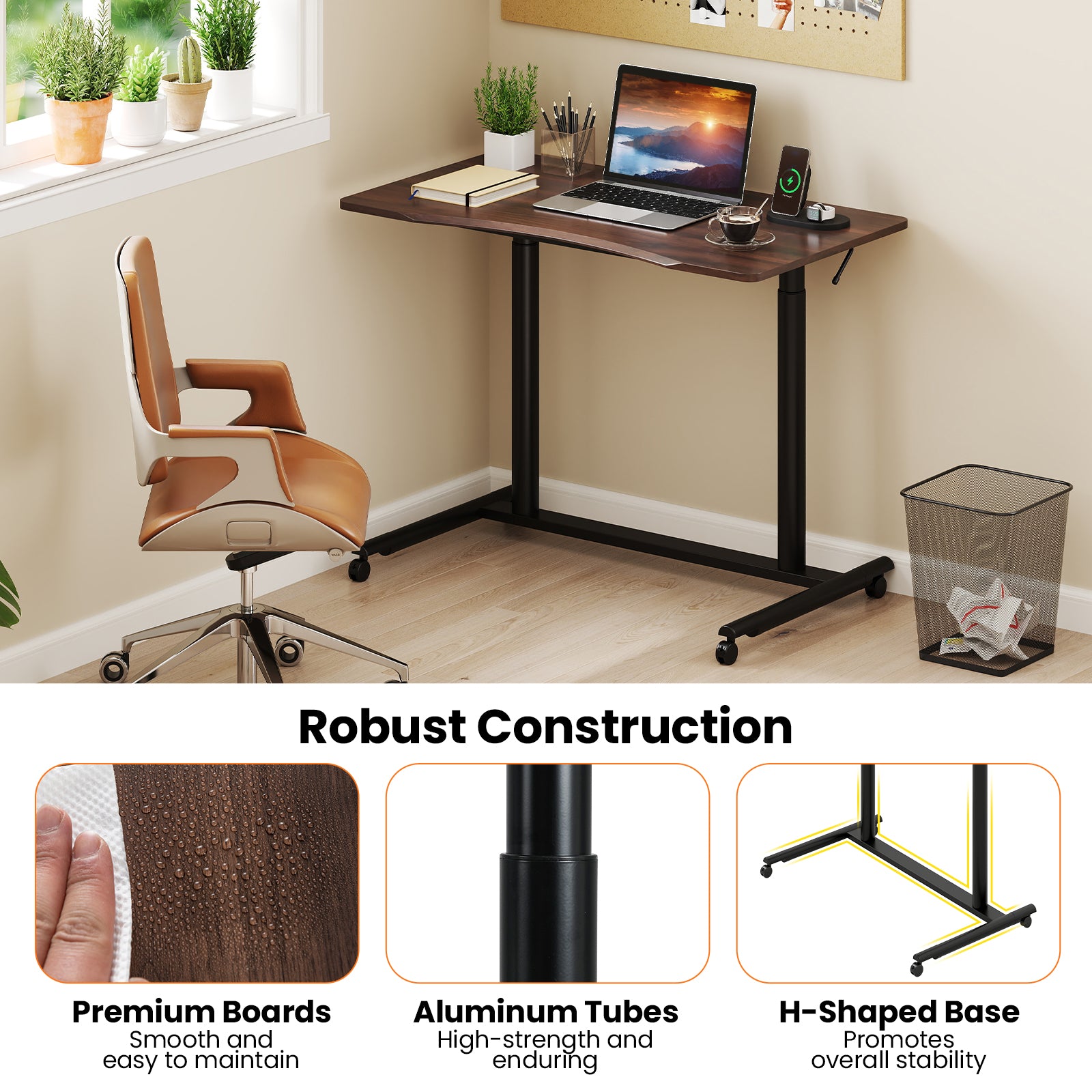 C-Shaped Sit Stand Desk with Adjustable Height and Metal Frame-Rustic Brown