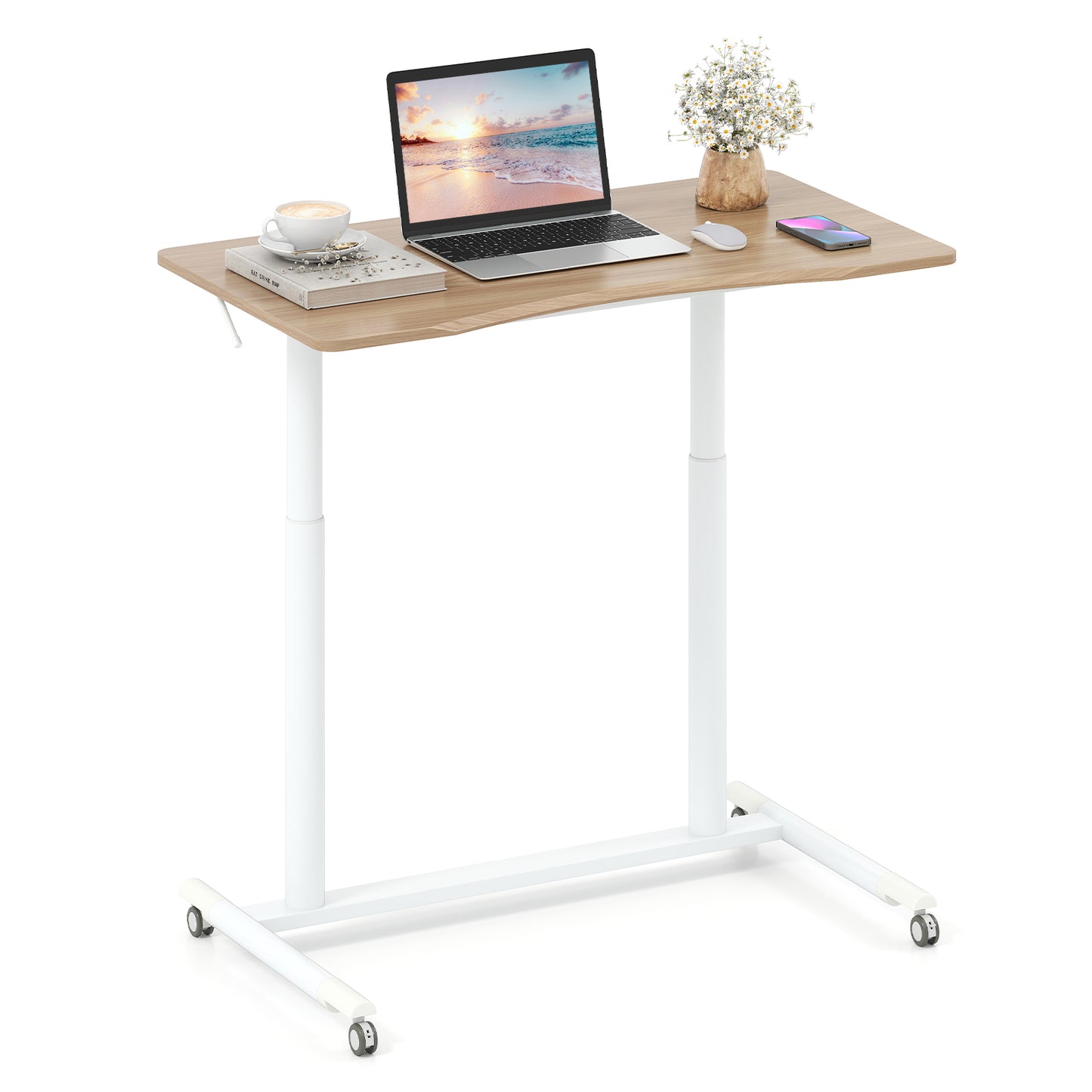 C-Shaped Sit Stand Desk with Adjustable Height and Metal Frame-Natural