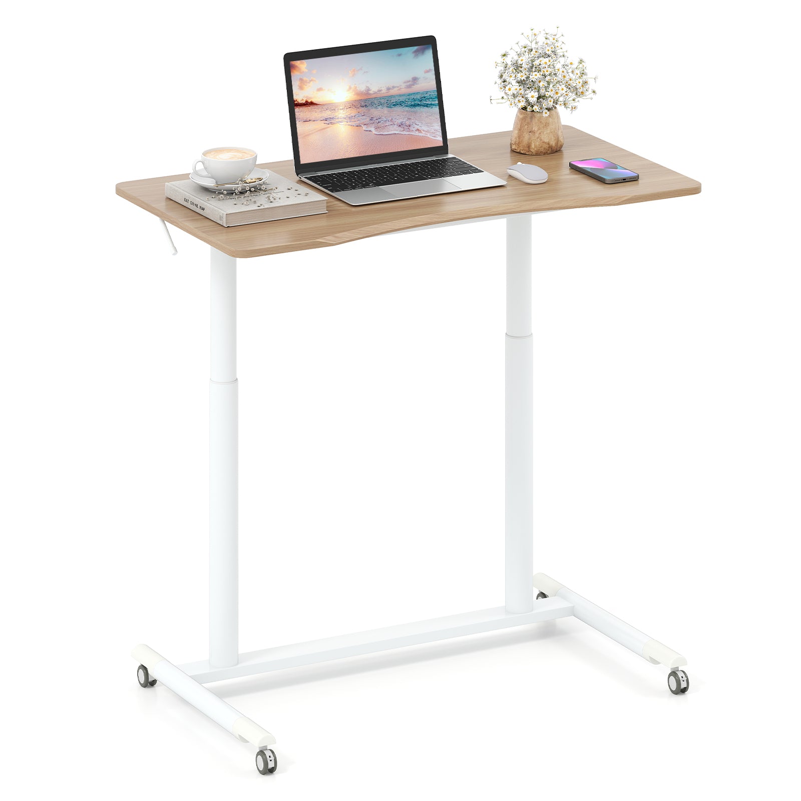 C-Shaped Sit Stand Desk with Adjustable Height and Metal Frame-Natural