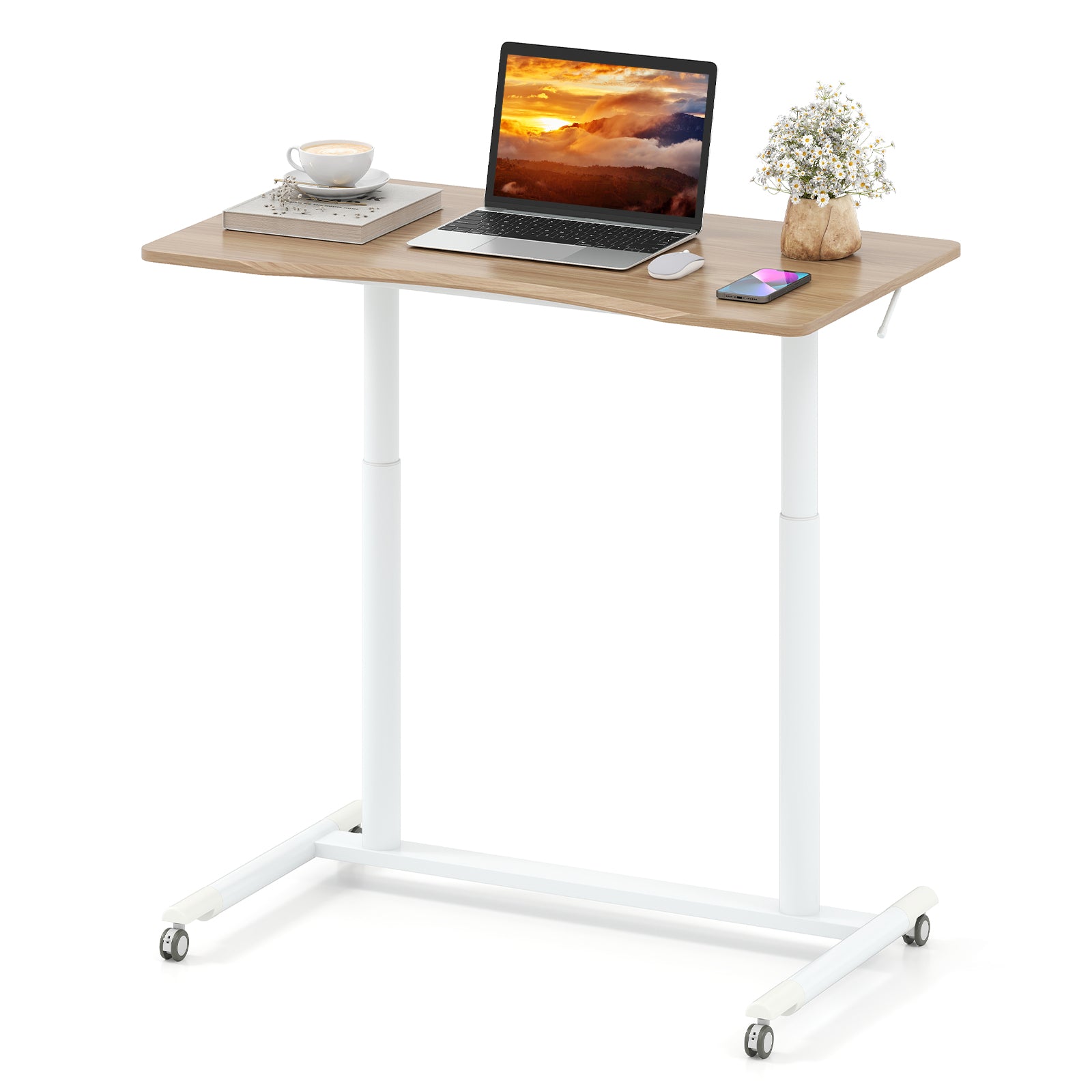 C-Shaped Sit Stand Desk with Adjustable Height and Metal Frame-Natural