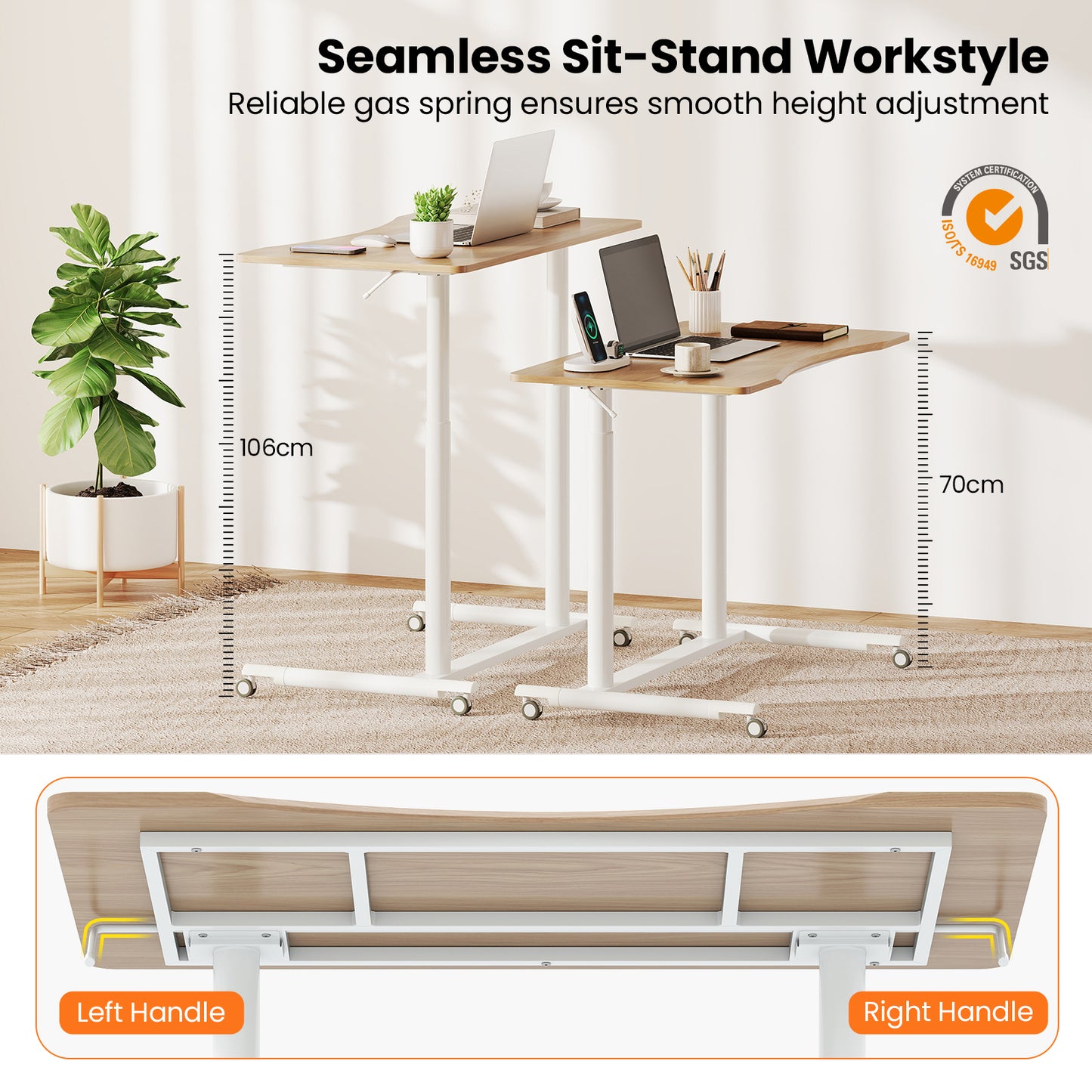 C-Shaped Sit Stand Desk with Adjustable Height and Metal Frame-Natural
