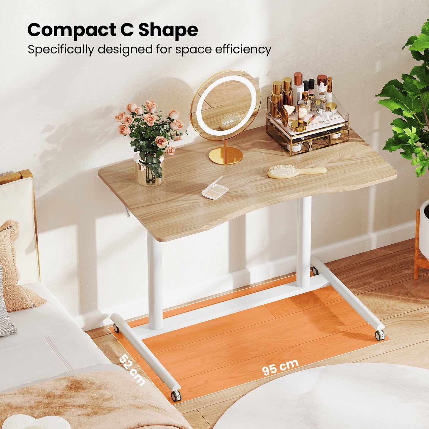 C-Shaped Sit Stand Desk with Adjustable Height and Metal Frame-Natural