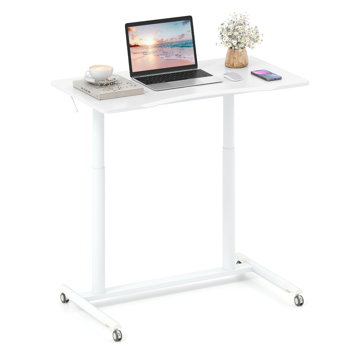 C-Shaped Sit Stand Desk with Adjustable Height and Metal Frame-White