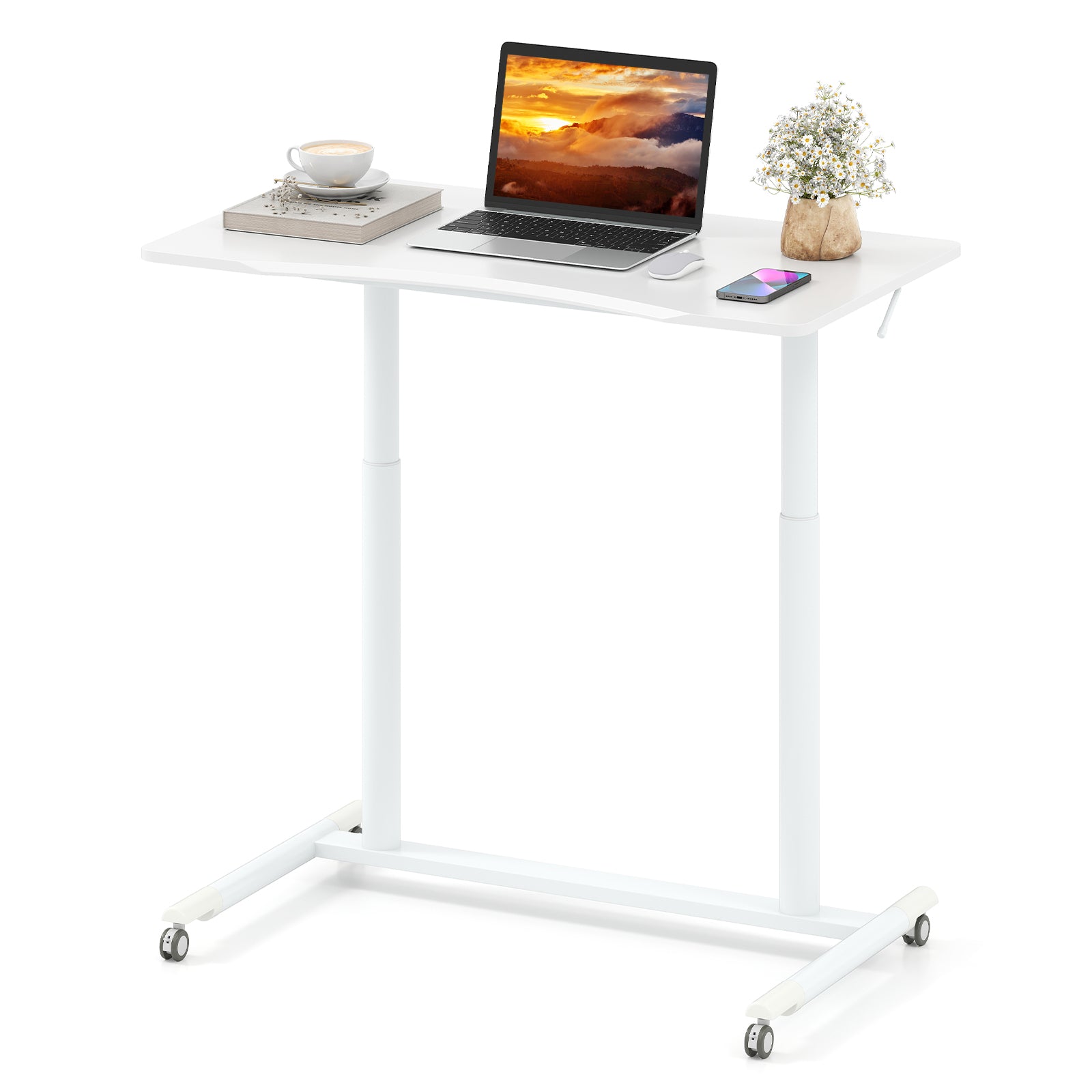 C-Shaped Sit Stand Desk with Adjustable Height and Metal Frame-White