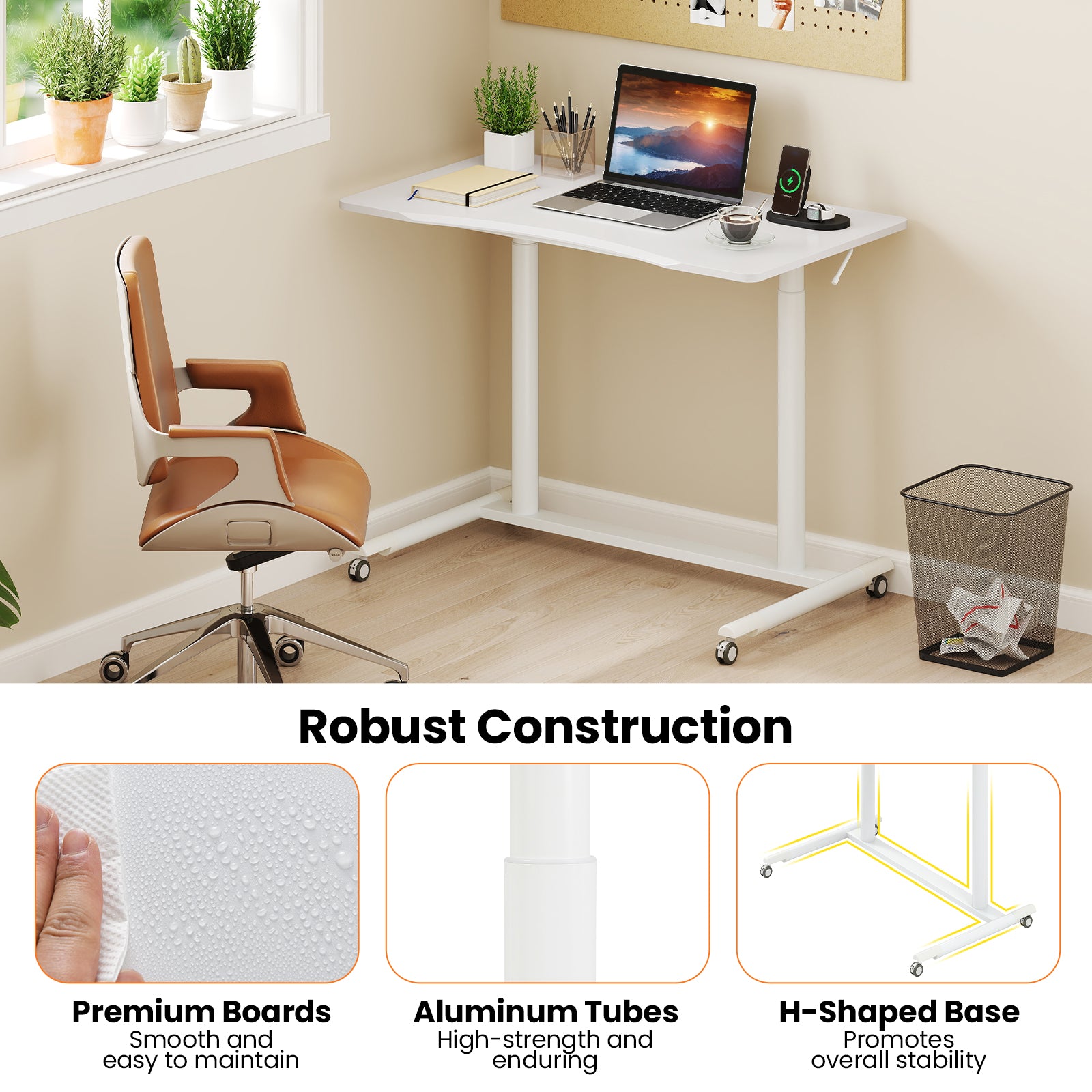 C-Shaped Sit Stand Desk with Adjustable Height and Metal Frame-White