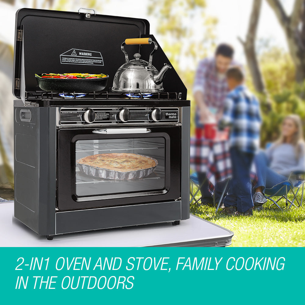 Portable 2-in-1 Gas Oven and Stove with Dual Burners, 15kg, Stainless Steel
