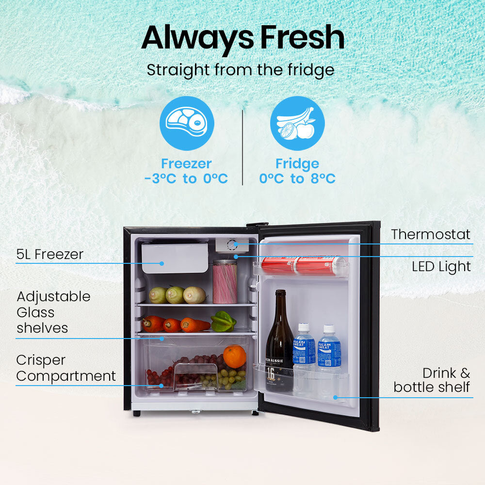 70L Portable Fridge Freezer with 5L Freezer, 12/24/240V Power, Black Finish