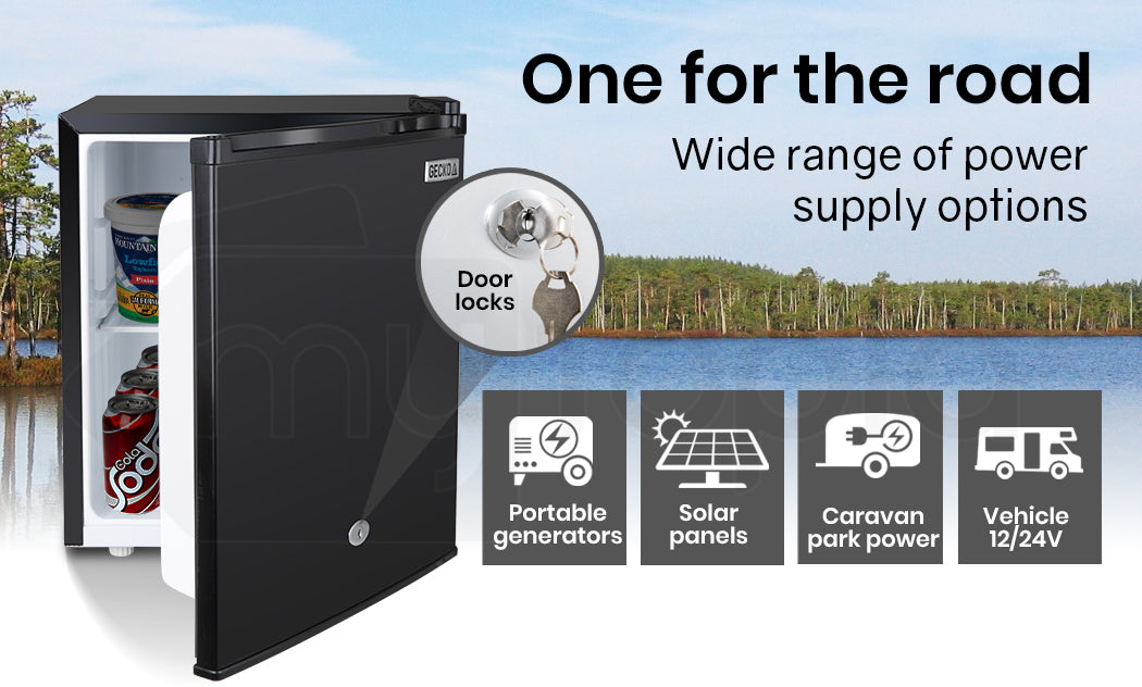 57L Portable Bar Fridge with Freezer, 12V/24V/240V, 1.45m, Black