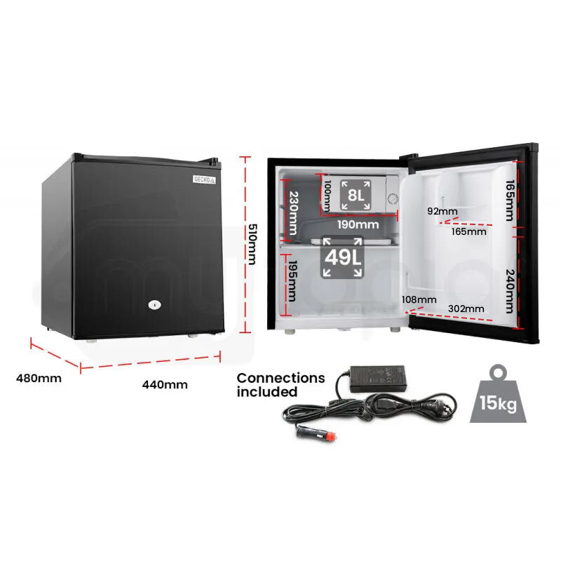 57L Portable Bar Fridge with Freezer, 12V/24V/240V, 1.45m, Black