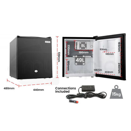 57L Portable Bar Fridge with Freezer, 12V/24V/240V, 1.45m, Black