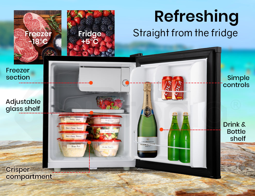 57L Portable Bar Fridge with Freezer, 12V/24V/240V, 1.45m, Black