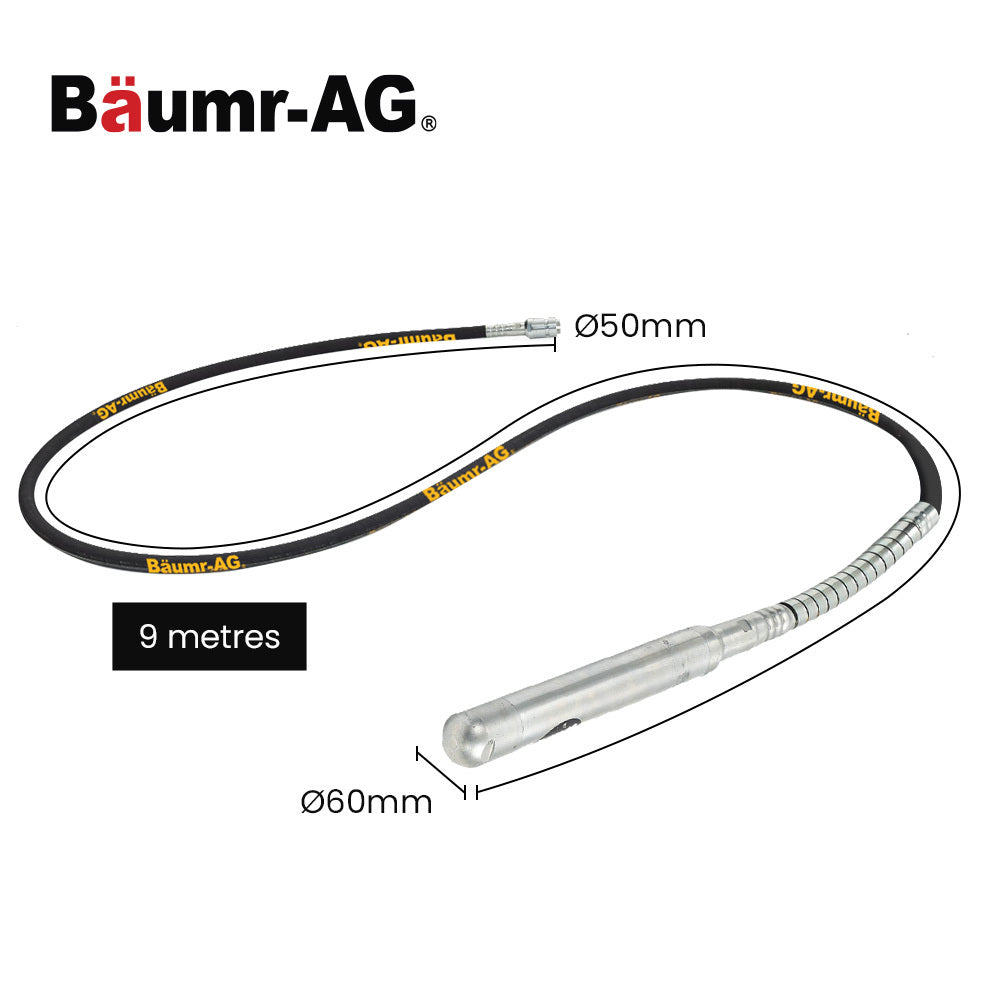 9m Concrete Vibrating Shaft with 60mm Head, 3-Claw Drive Coupler, Heavy Duty