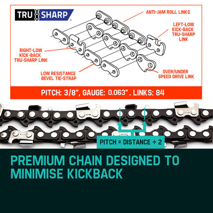 2 x 0.61m Chainsaw Chain 84 Link for 72-82CC Saws, Low Kick-Back Design