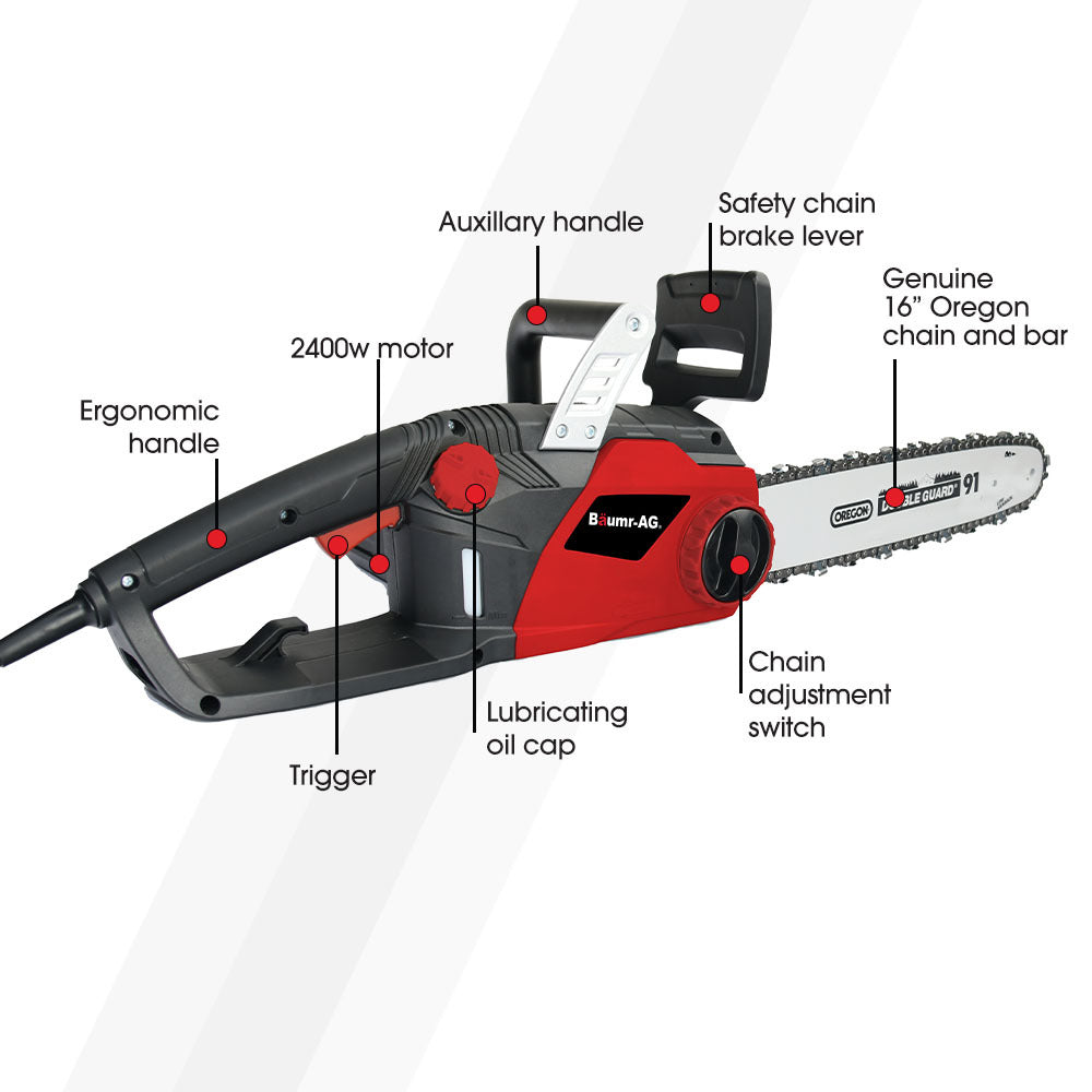 2400W Electric Chainsaw with 0.4m Oregon Bar and Chain, Lightweight Design