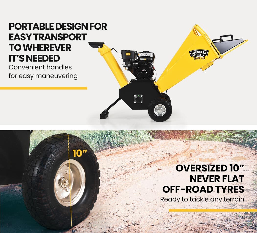 8HP 208cc Petrol Wood Chipper & Mulcher, 0.25m Capacity, Raptor 1000