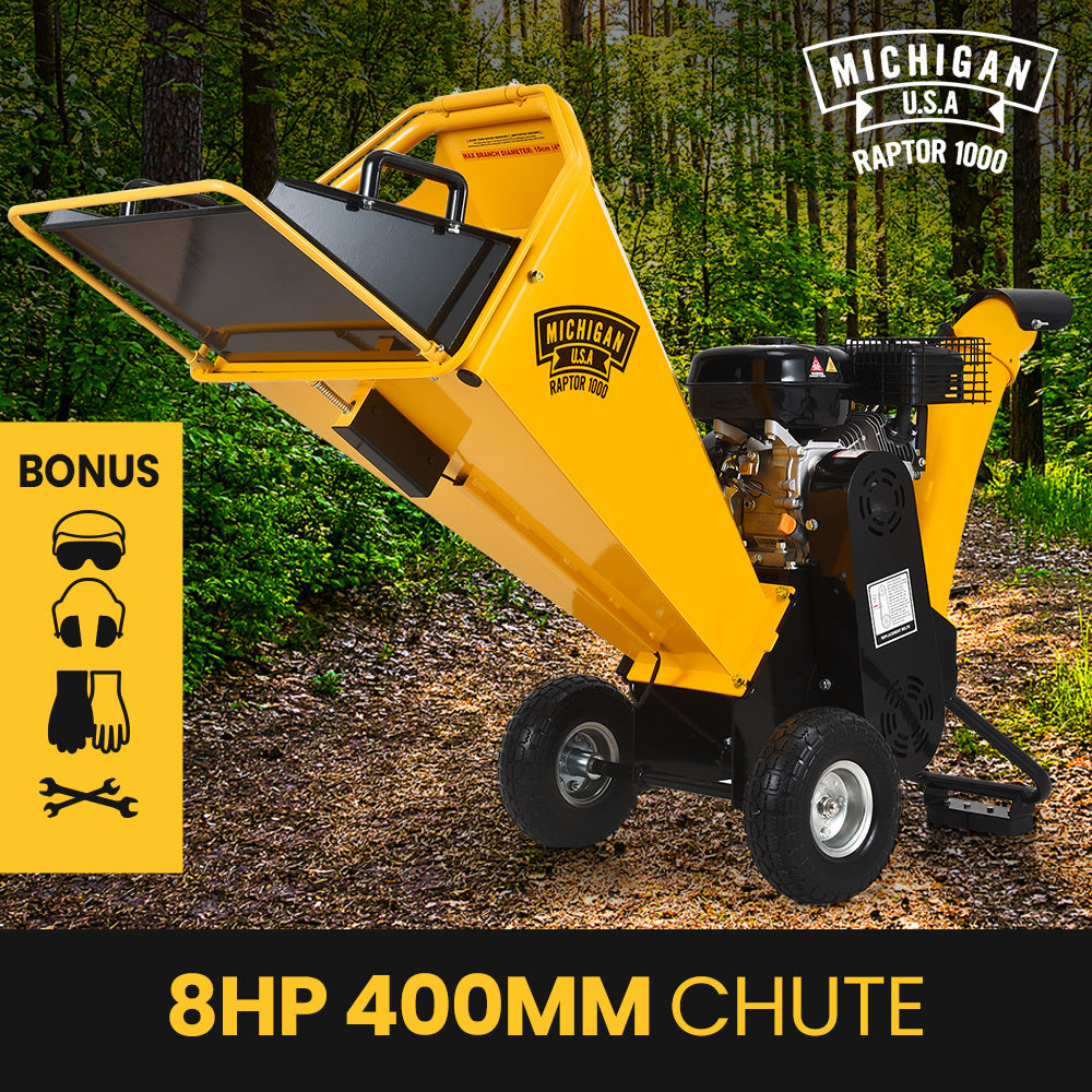 8HP 208cc Petrol Wood Chipper & Mulcher, 0.25m Capacity, Raptor 1000