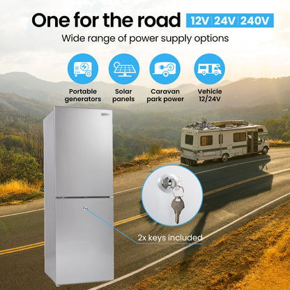 160L Portable Upright Fridge/Freezer, 12V/24V/240V for RVs and Cabins, Silver