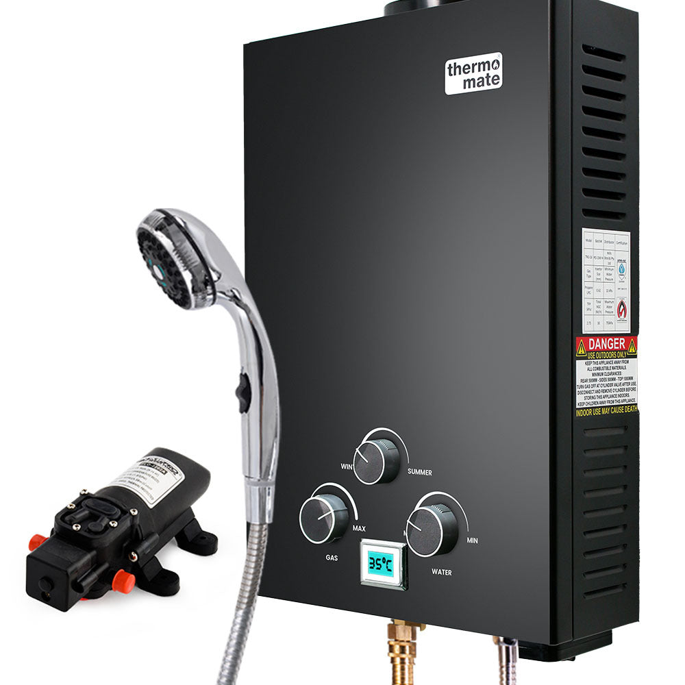 Portable Gas Camping Hot Water System with Pump & Shower Head, 6kg, Black