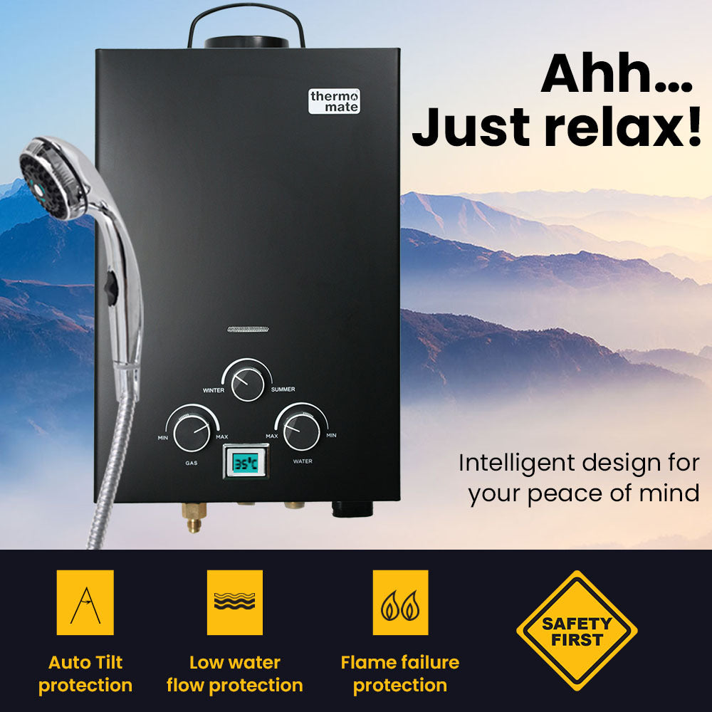 Portable Gas Camping Hot Water System with Pump & Shower Head, 6kg, Black