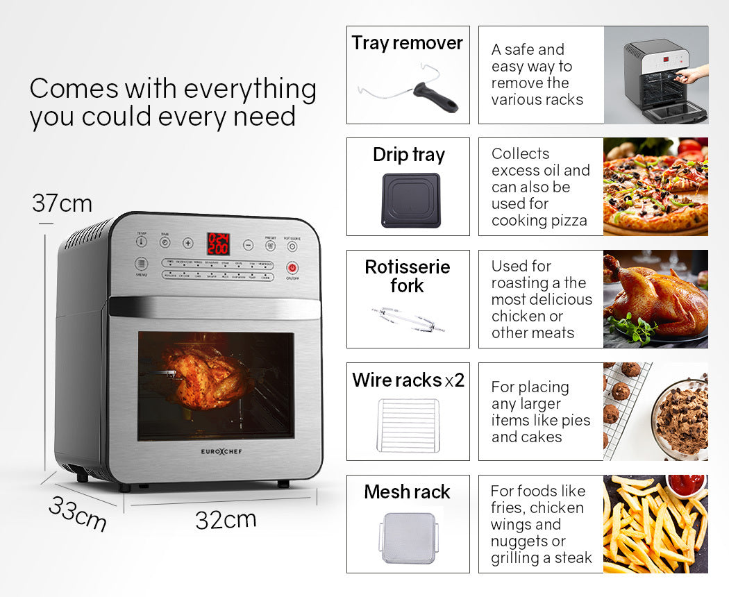 16L Digital Air Fryer with Rotisserie, 1.8kW Power, Multi-Level Cooking