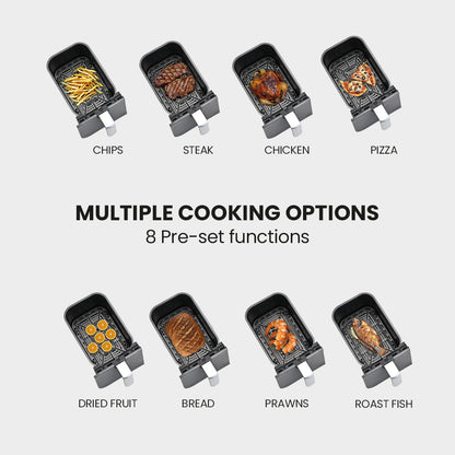 9L Dual Zone Air Fryer with 2400W Power, LED Touch Control, Black/Silver