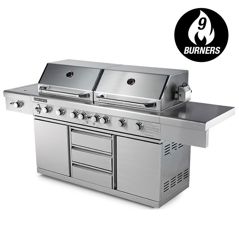 9 Burner Outdoor BBQ Grill with Rotisserie and Wok Burner, Stainless Steel
