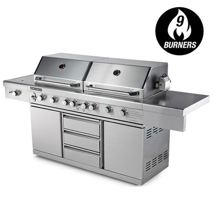 9 Burner Outdoor BBQ Grill with Rotisserie and Wok Burner, Stainless Steel