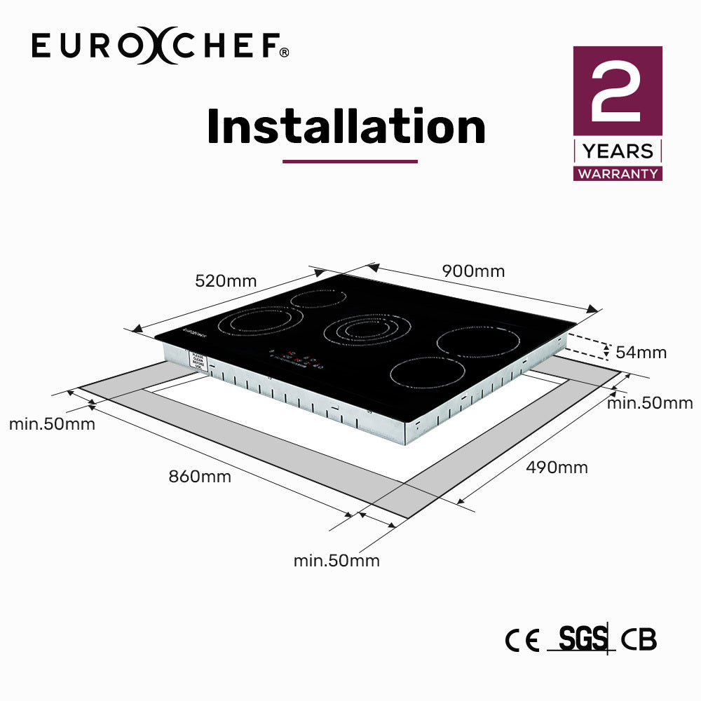 90cm Electric Ceramic Cooktop with 5 Zones, FlexiZone Hobs, Touch Controls