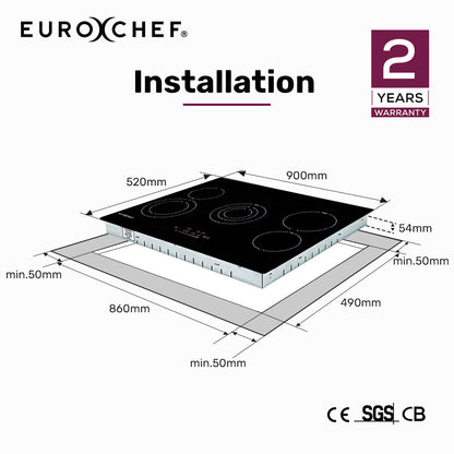 90cm Electric Ceramic Cooktop with 5 Zones, FlexiZone Hobs, Touch Controls