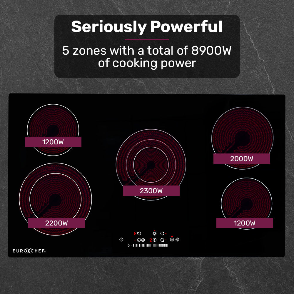 90cm Electric Ceramic Cooktop with 5 Zones, FlexiZone Hobs, Touch Controls