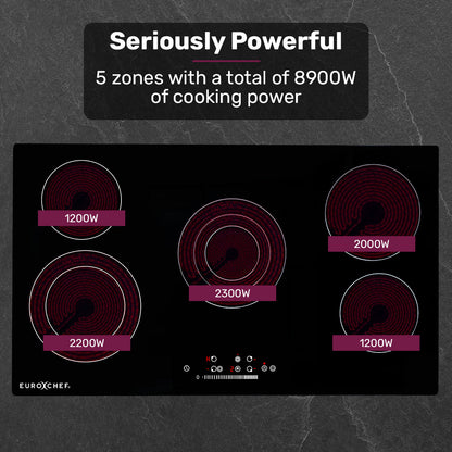 90cm Electric Ceramic Cooktop with 5 Zones, FlexiZone Hobs, Touch Controls