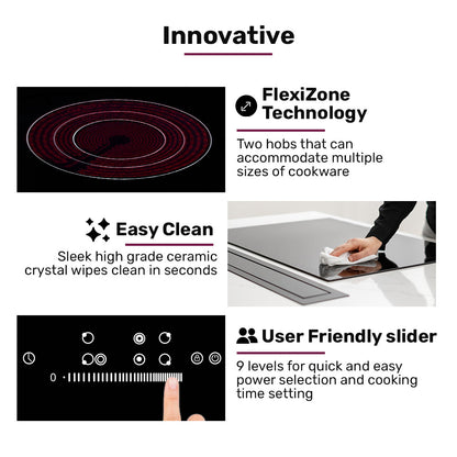 90cm Electric Ceramic Cooktop with 5 Zones, FlexiZone Hobs, Touch Controls