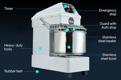 Commercial 10L Spiral Dough Mixer with 900W Motor, High-Torque Belt Drive