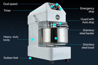 20L 1500W Commercial Spiral Dough Mixer, Dual Speed, 0.87m, 87kg