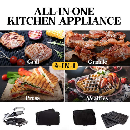 4-in-1 Smart Grill, Sandwich Press & Waffle Maker with 0.65m² Cooking Area
