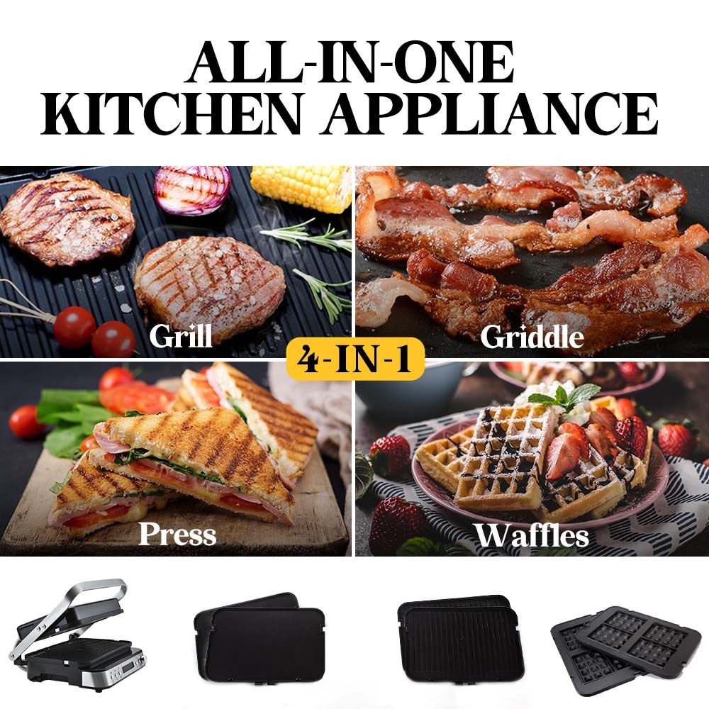 4-in-1 Multi Grill and Sandwich Press with Waffle Maker, 0.65m² Cooking Area