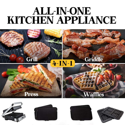 4-in-1 Multi Grill and Sandwich Press with Waffle Maker, 0.65m² Cooking Area