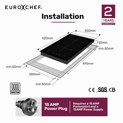 30cm Dual Zone Induction Cooktop with 3.3kW Power and Touch Controls