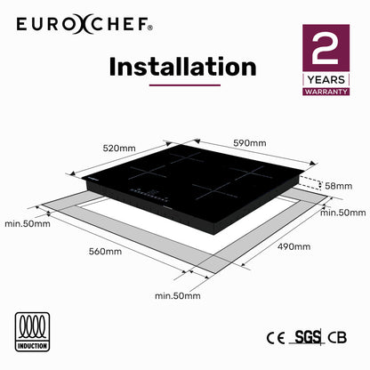 60cm 4 Zone Induction Cooktop with 6800W Power and Touch Controls
