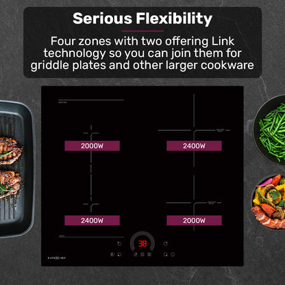 60cm 4 Zone Induction Cooktop, 7200W, FlexZone & Touch Controls