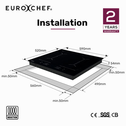 60cm 4 Zone Induction Cooktop, 7.2kW, Dual Link Zones, Touch Controls