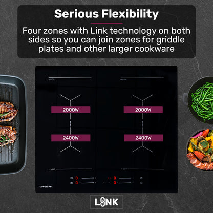 60cm 4 Zone Induction Cooktop, 7.2kW, Dual Link Zones, Touch Controls