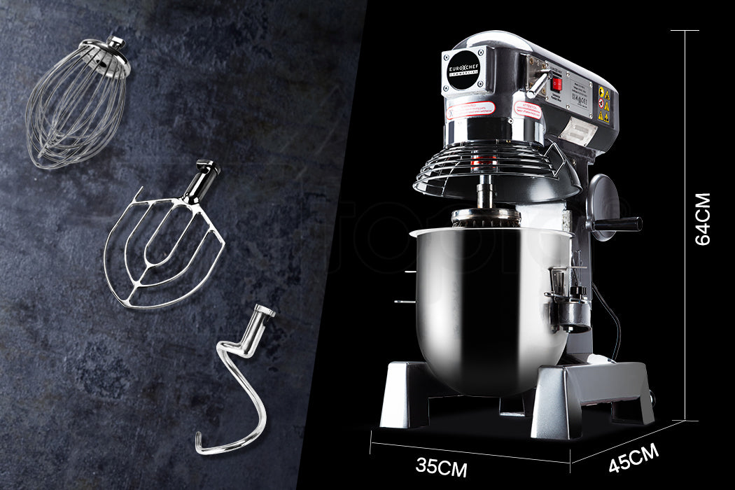 10L Commercial Planetary Mixer with 750W Motor and Stainless Steel Attachments