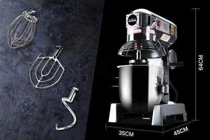 10L Commercial Planetary Mixer with 750W Motor and Stainless Steel Attachments