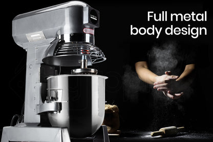 10L Commercial Planetary Mixer with 750W Motor and Stainless Steel Attachments